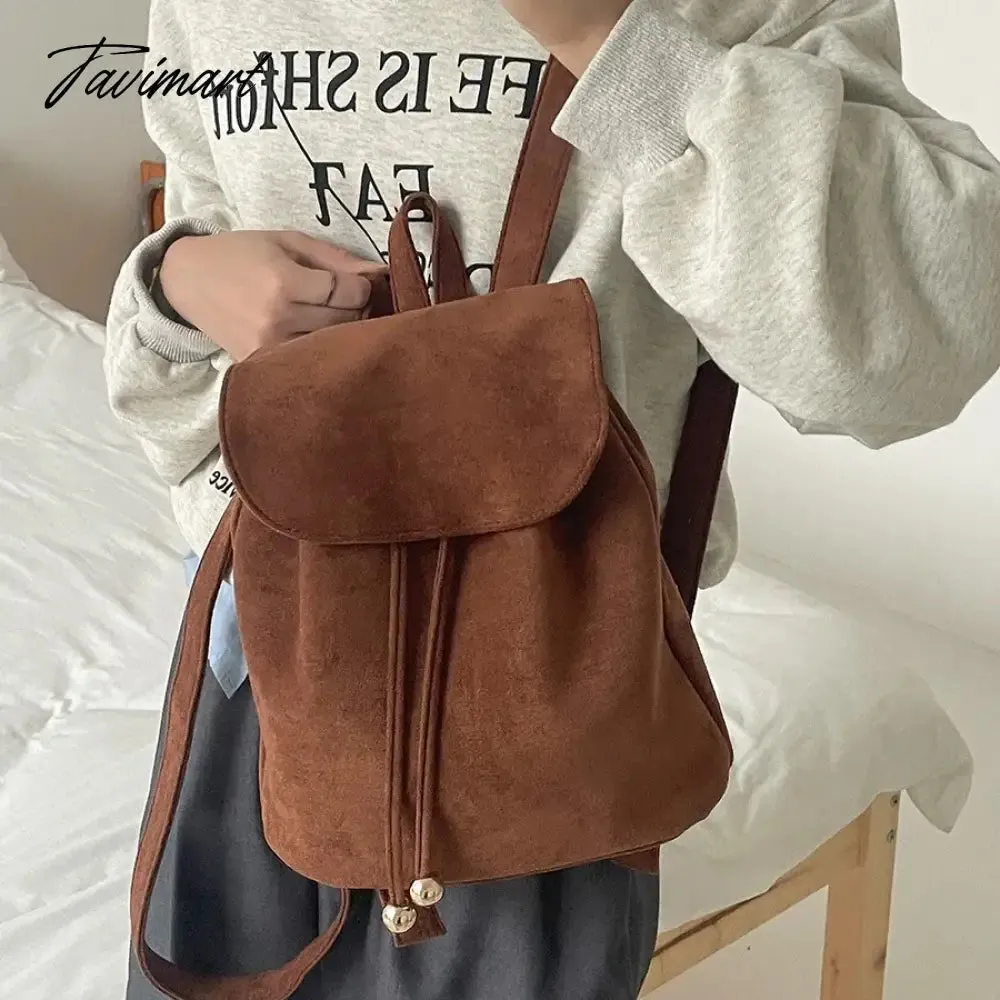 Tavimart Girl Solid Color Retro Style Canvas Korean Casual Women Backpack Harajuku High School Students Washed Canvas Drawstring Backpack