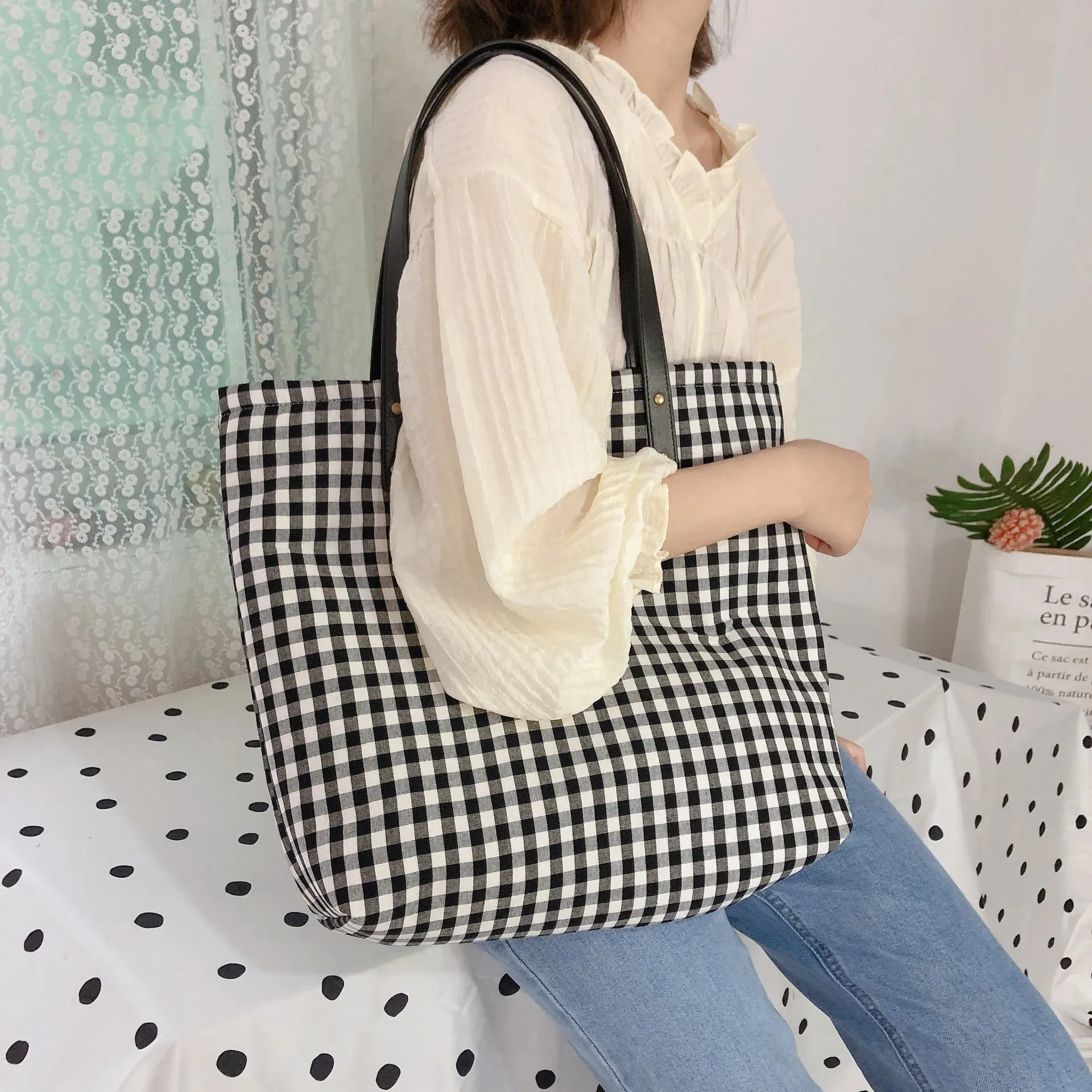 TAVIMART  -  Korean Vintage Plaid Women Large Capacity Big Tote Cotton Fabric Eco Book Reusable Shoulder Bags Casual Girl Travel Handbag