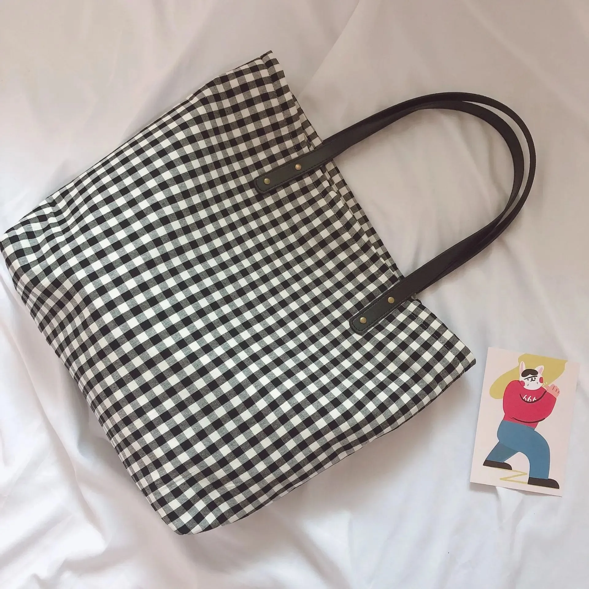 TAVIMART  -  Korean Vintage Plaid Women Large Capacity Big Tote Cotton Fabric Eco Book Reusable Shoulder Bags Casual Girl Travel Handbag