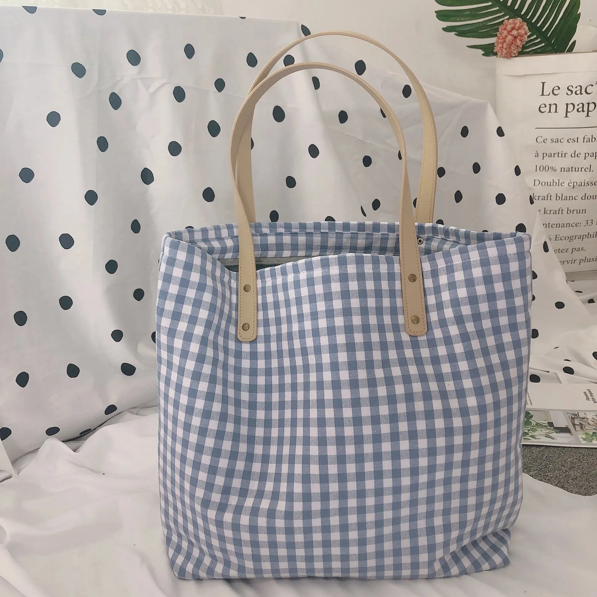 TAVIMART  -  Korean Vintage Plaid Women Large Capacity Big Tote Cotton Fabric Eco Book Reusable Shoulder Bags Casual Girl Travel Handbag