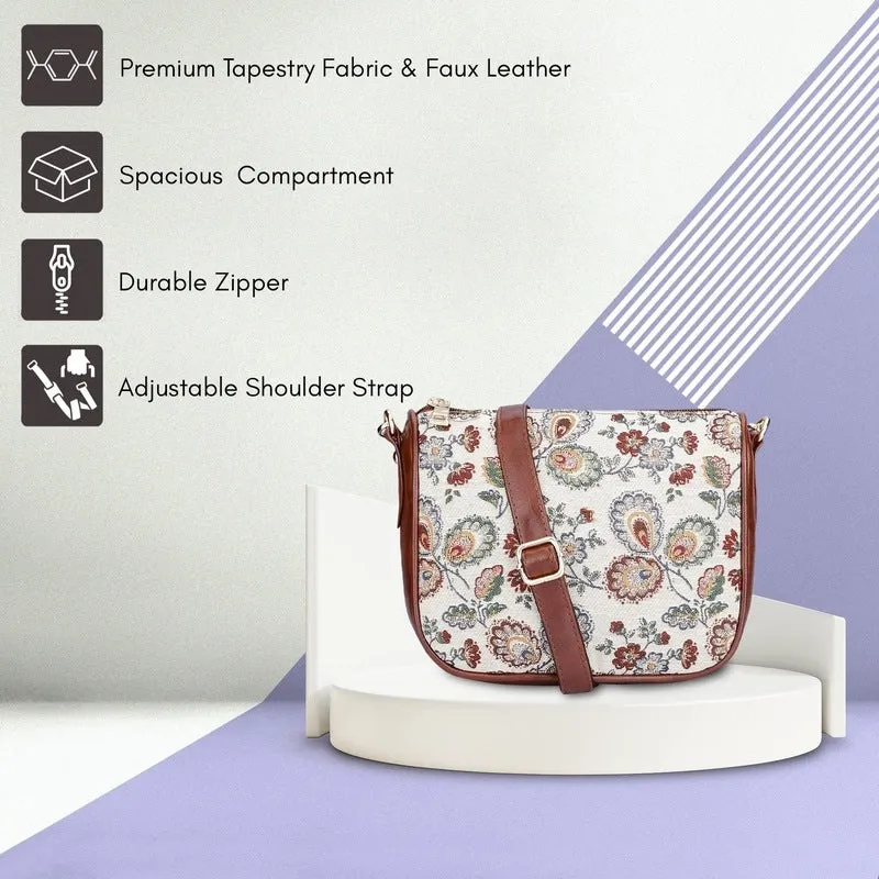 THE CLOWNFISH Garnet Series Tapestry Fabric Crossbody Sling Bag for Women Ladies Single Shoulder Bag Shoulder Belt (White -Animal Print)