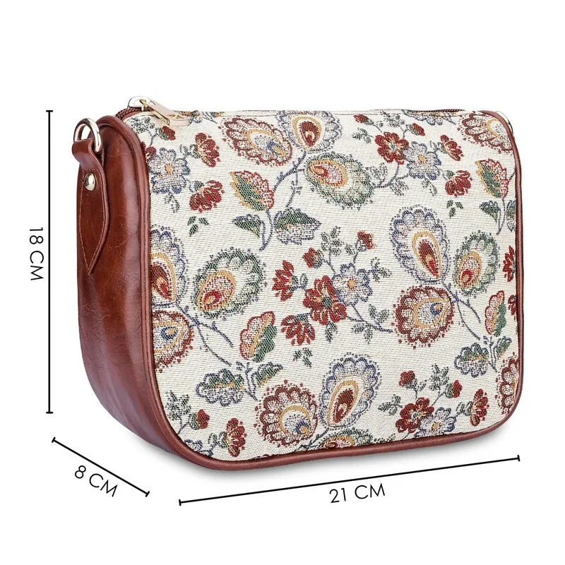 THE CLOWNFISH Garnet Series Tapestry Fabric Crossbody Sling Bag for Women Ladies Single Shoulder Bag Shoulder Belt (White -Animal Print)