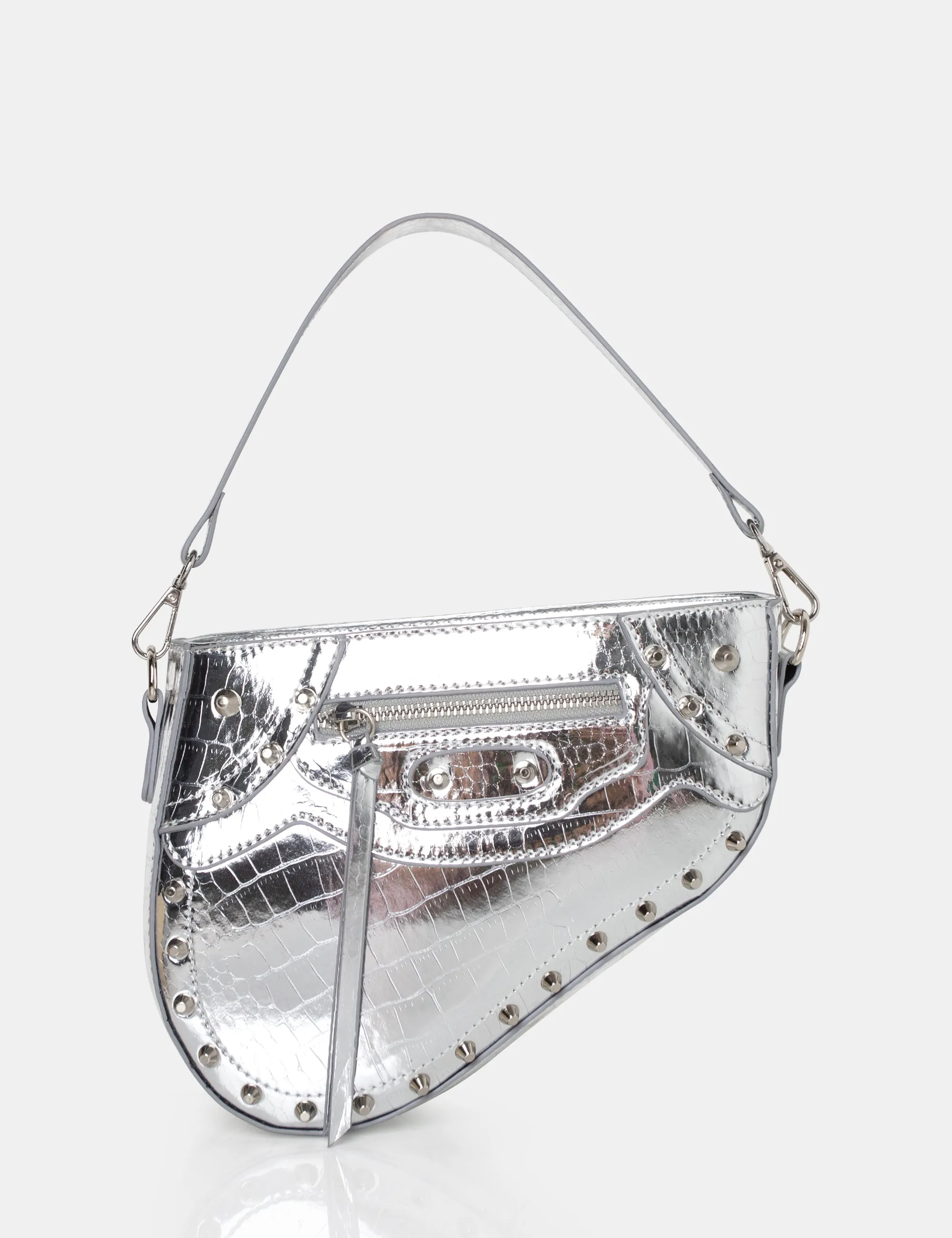 The Fox Metallic Silver Croc Studded Saddle Shoulder Bag