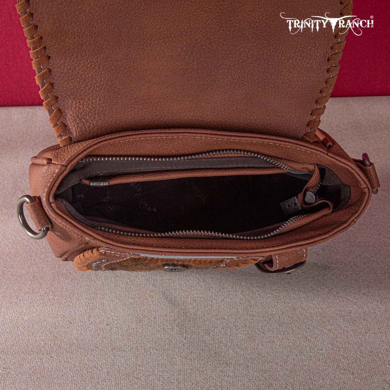 TR149-8360 Trinity Ranch Hair-On Cowhide Saddle Shape Collection Crossbody/Satchel -Brown