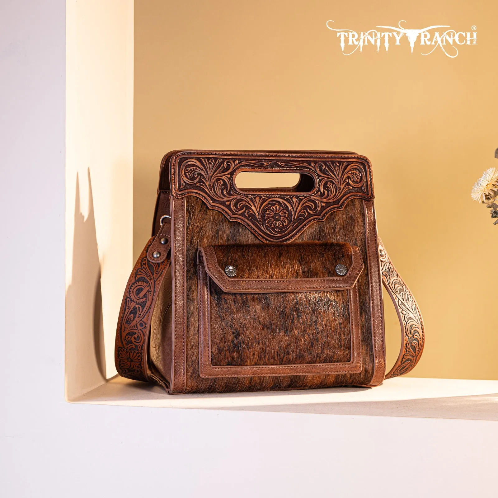 TR173G-A9360  Trinity Ranch Hair-On Cowhide Floral Tooled  Concealed Carry Crossbody Bag - Brown