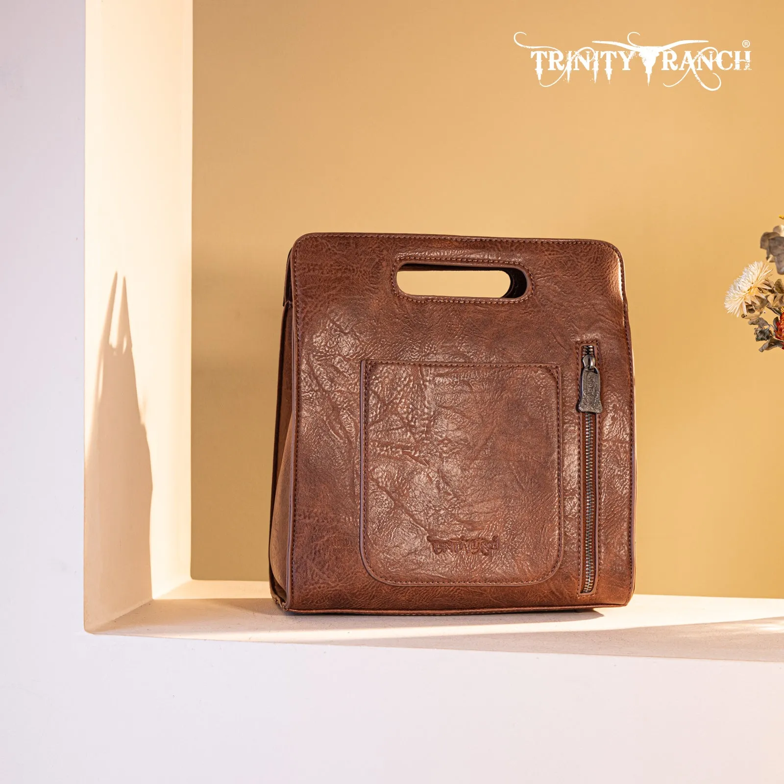 TR173G-A9360  Trinity Ranch Hair-On Cowhide Floral Tooled  Concealed Carry Crossbody Bag - Brown