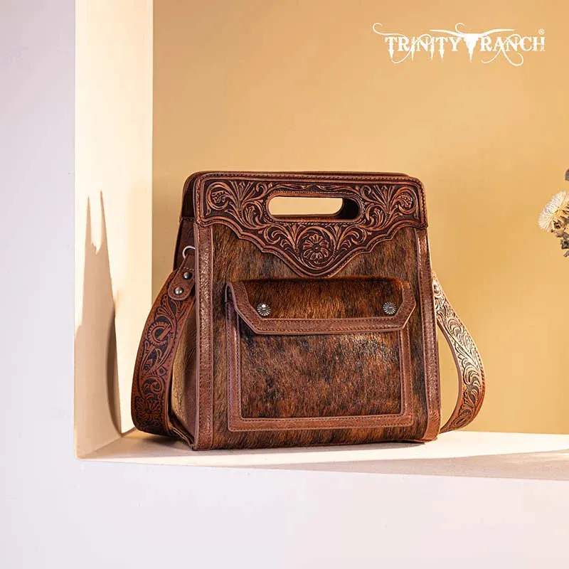 Trinity Ranch Hair-On Cowhide Floral Tooled Concealed Carry Crossbody Bag - Brown