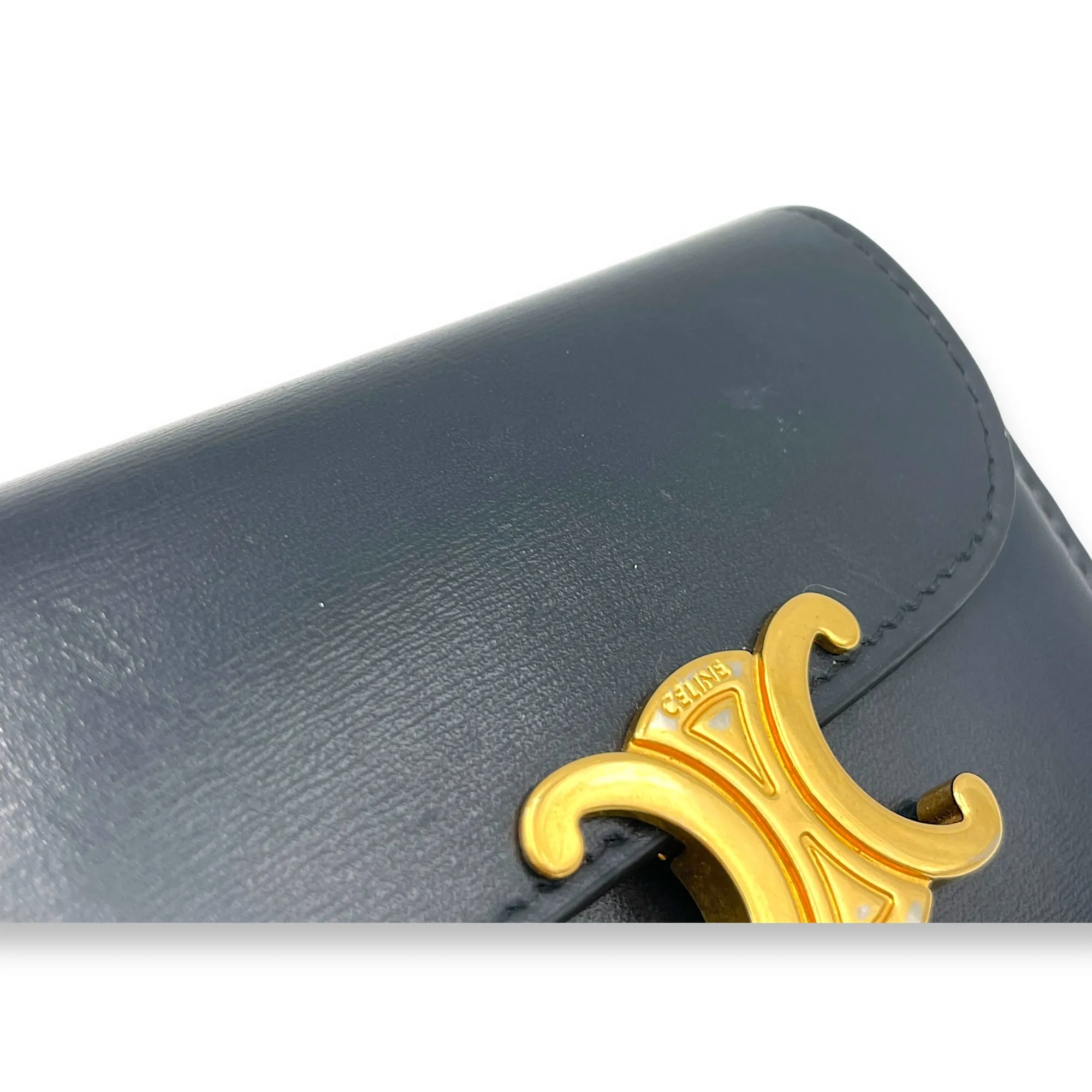 Triomphe Compact Blue Wallet in Calfskin, Gold hardware