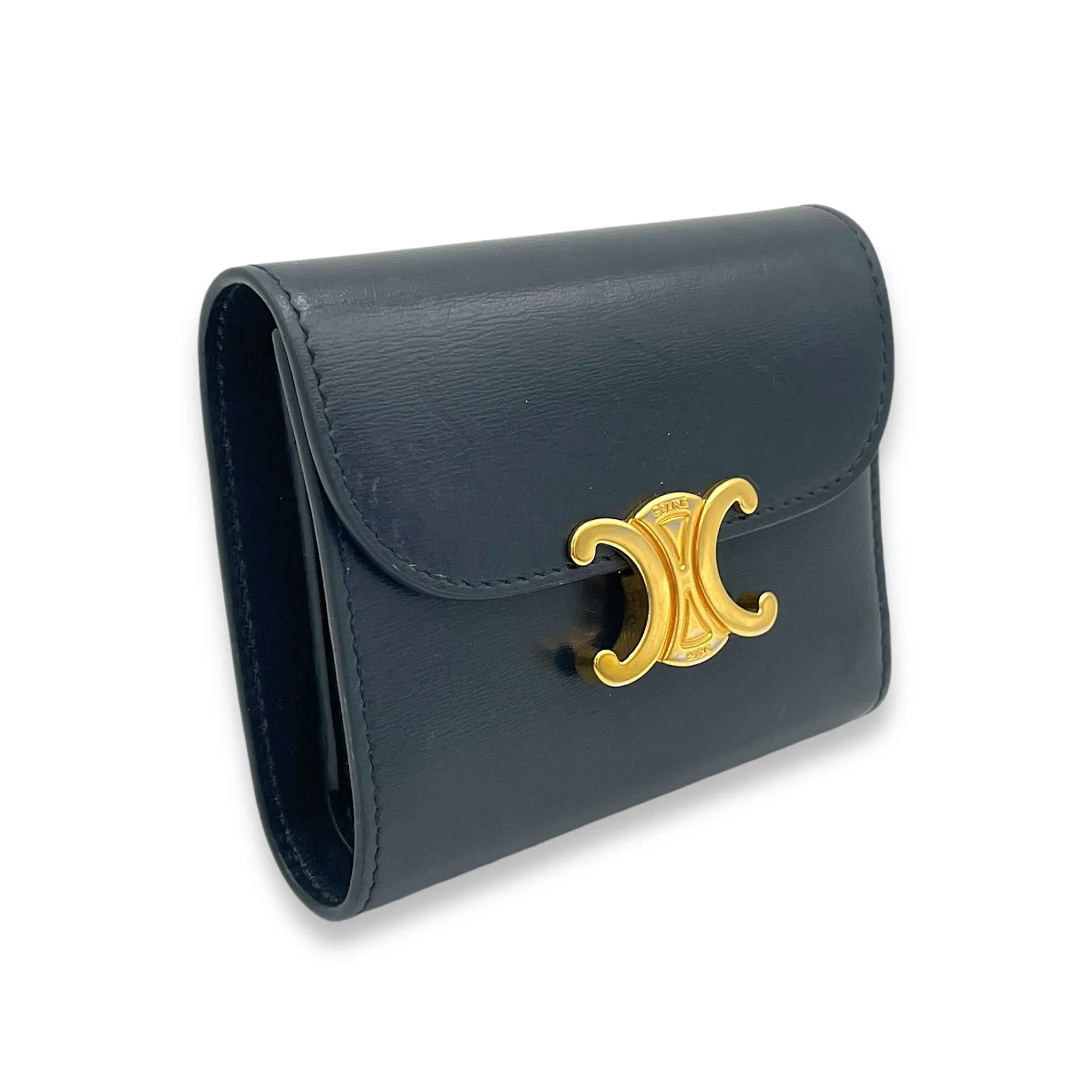 Triomphe Compact Blue Wallet in Calfskin, Gold hardware