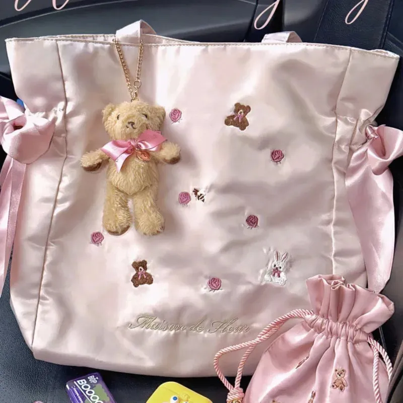 Uniwim Cute Rabbit Bear Embroidery Dumpling Bag Large Capacity Tote Bags for Women Y2k Vintage Casual Pink Travel Shoulder Handbags