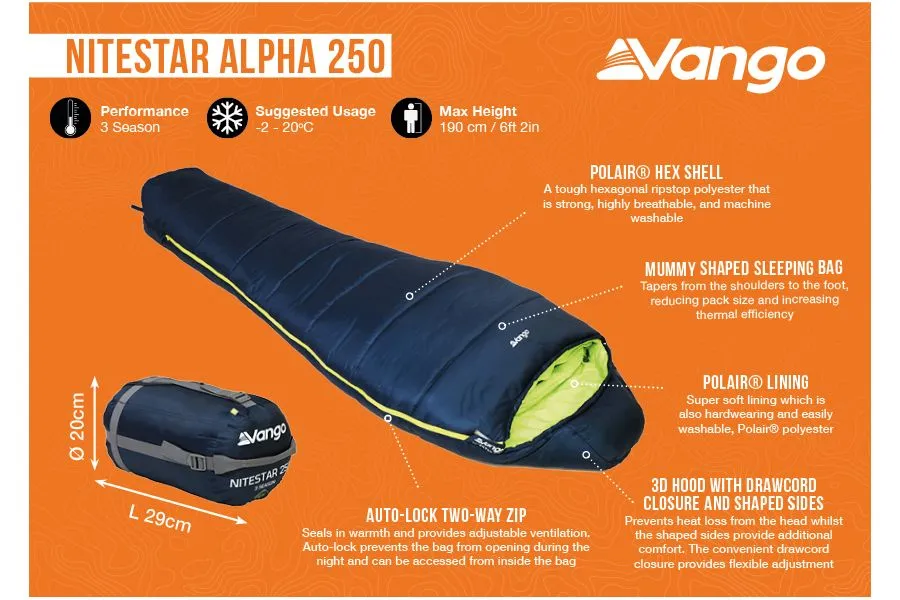 Vango Nitestar Alpha 250 Children's Sleeping Bag in Ocean Green (3 Season / 210cm long)