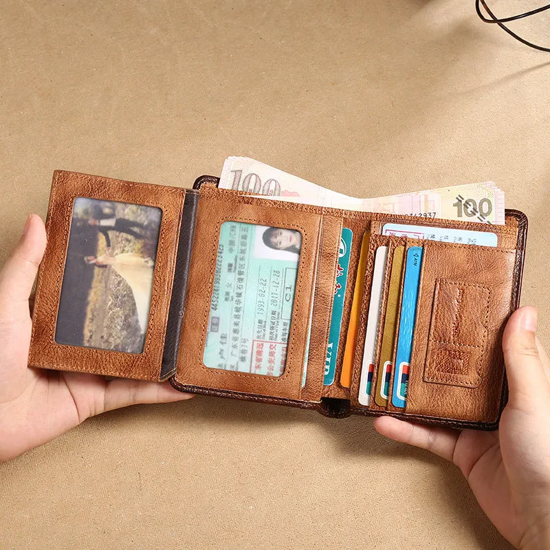 Vegetable-Tanned Leather Tri-Fold Short Wallet