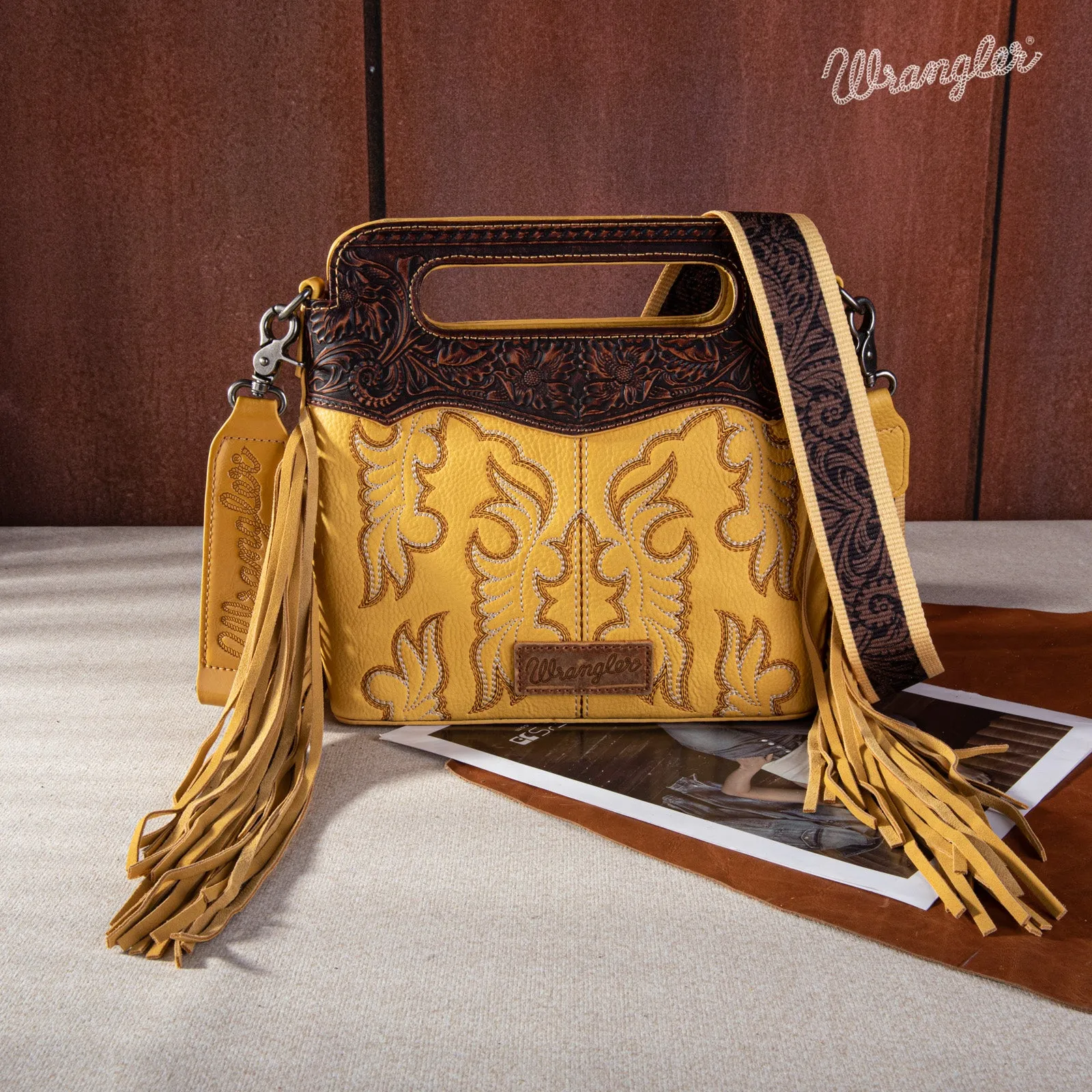 WG110-2022  Wrangler Top Handle Embroidered Fringe Mini Tote/Crossbody -Mustard