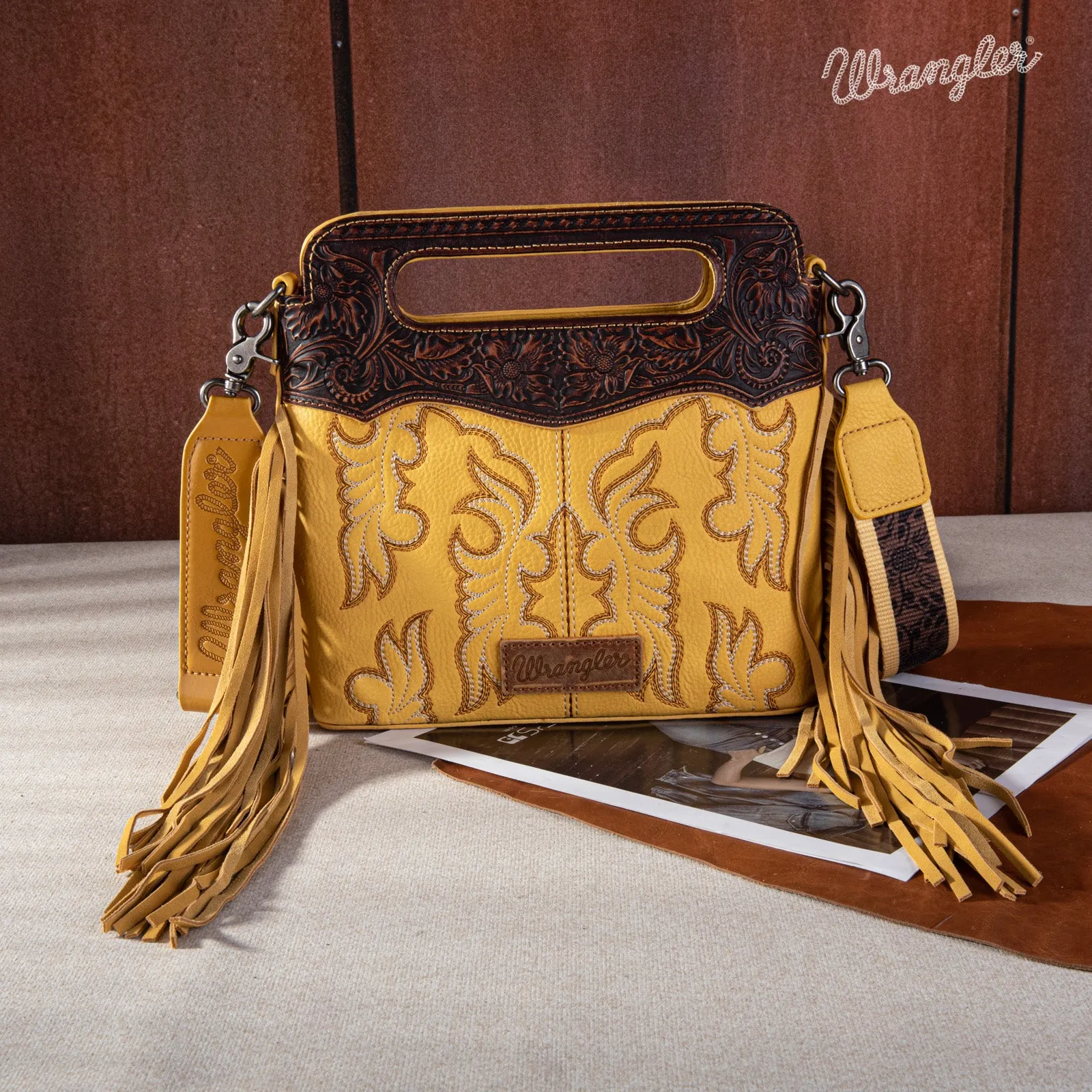 WG110-2022  Wrangler Top Handle Embroidered Fringe Mini Tote/Crossbody -Mustard