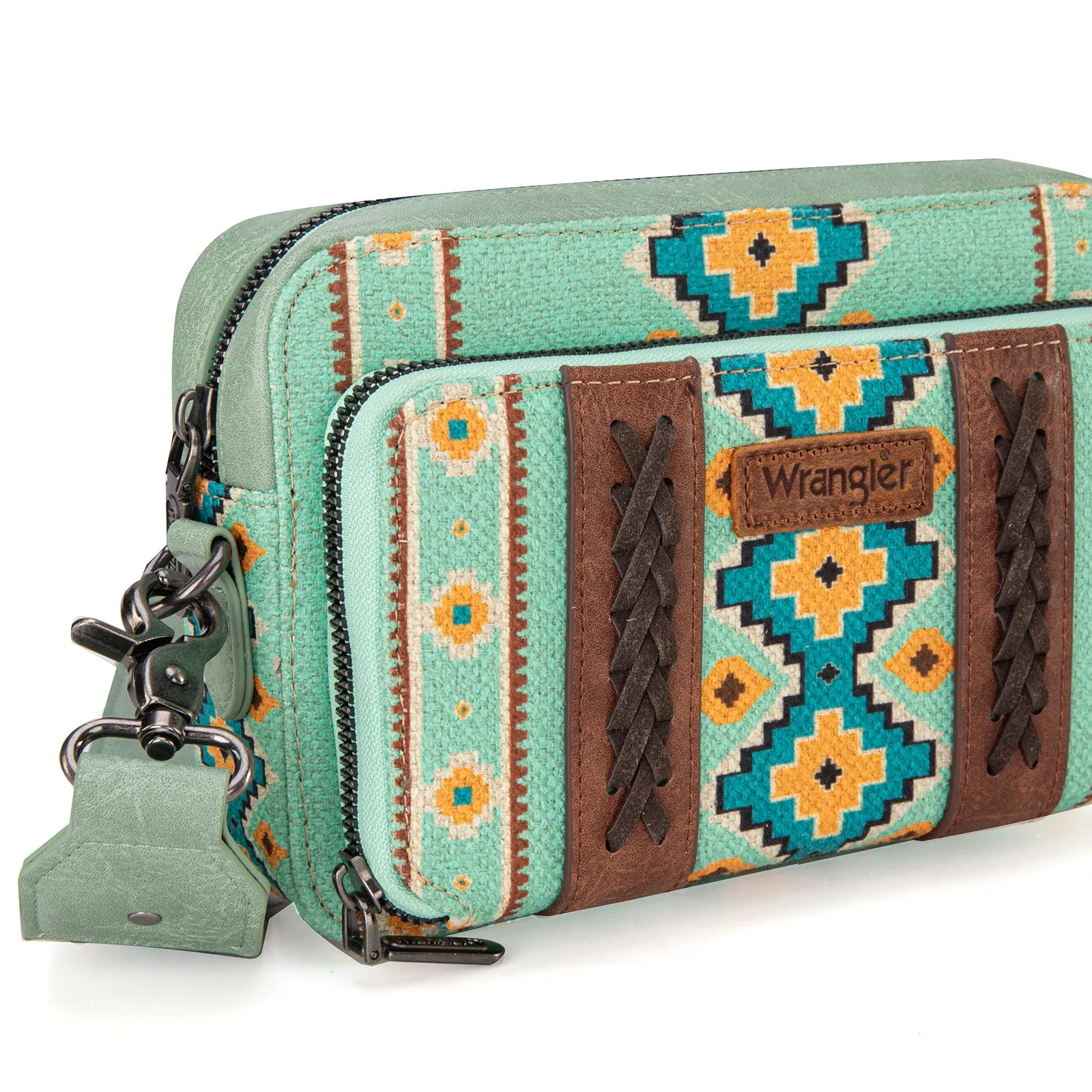 WG2207-3003  Wrangler Aztec Printed Crossbody Purse With Wallet Compartment - Green