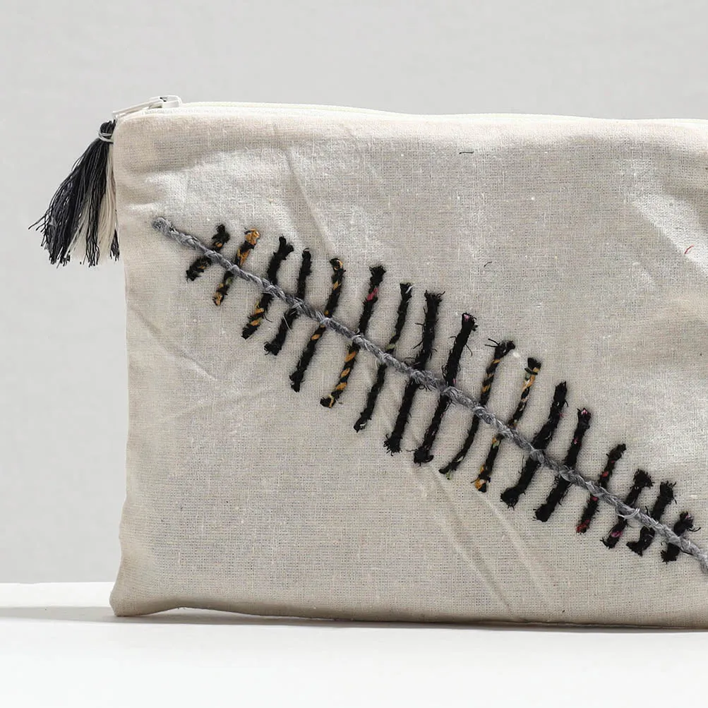 White - Handcrafted Cotton Recycled Leaf Design Cosmetic Pouch