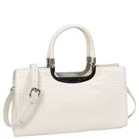 Womens Leather Handbag Croc-Print Casual Fashion Top Handle Tote Bag A880 Off White