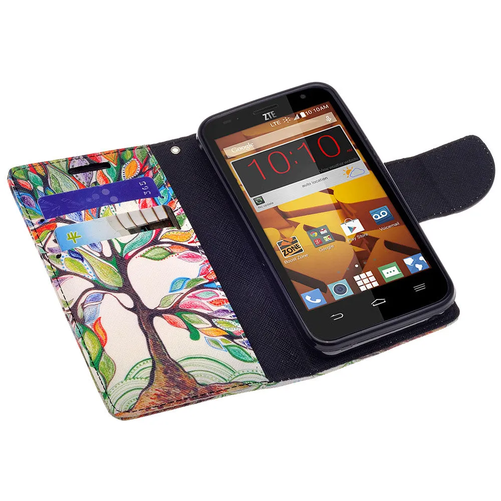 ZTE Speed Case | Maven | Atrium | Scend | Overture 2 | Fanfare Wrist Strap Magnetic Fold[Kickstand] Pu Leather Wallet Case with ID & Credit Card Slots for ZTE Speed - Colorful Tree