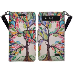 ZTE Speed Case | Maven | Atrium | Scend | Overture 2 | Fanfare Wrist Strap Magnetic Fold[Kickstand] Pu Leather Wallet Case with ID & Credit Card Slots for ZTE Speed - Colorful Tree