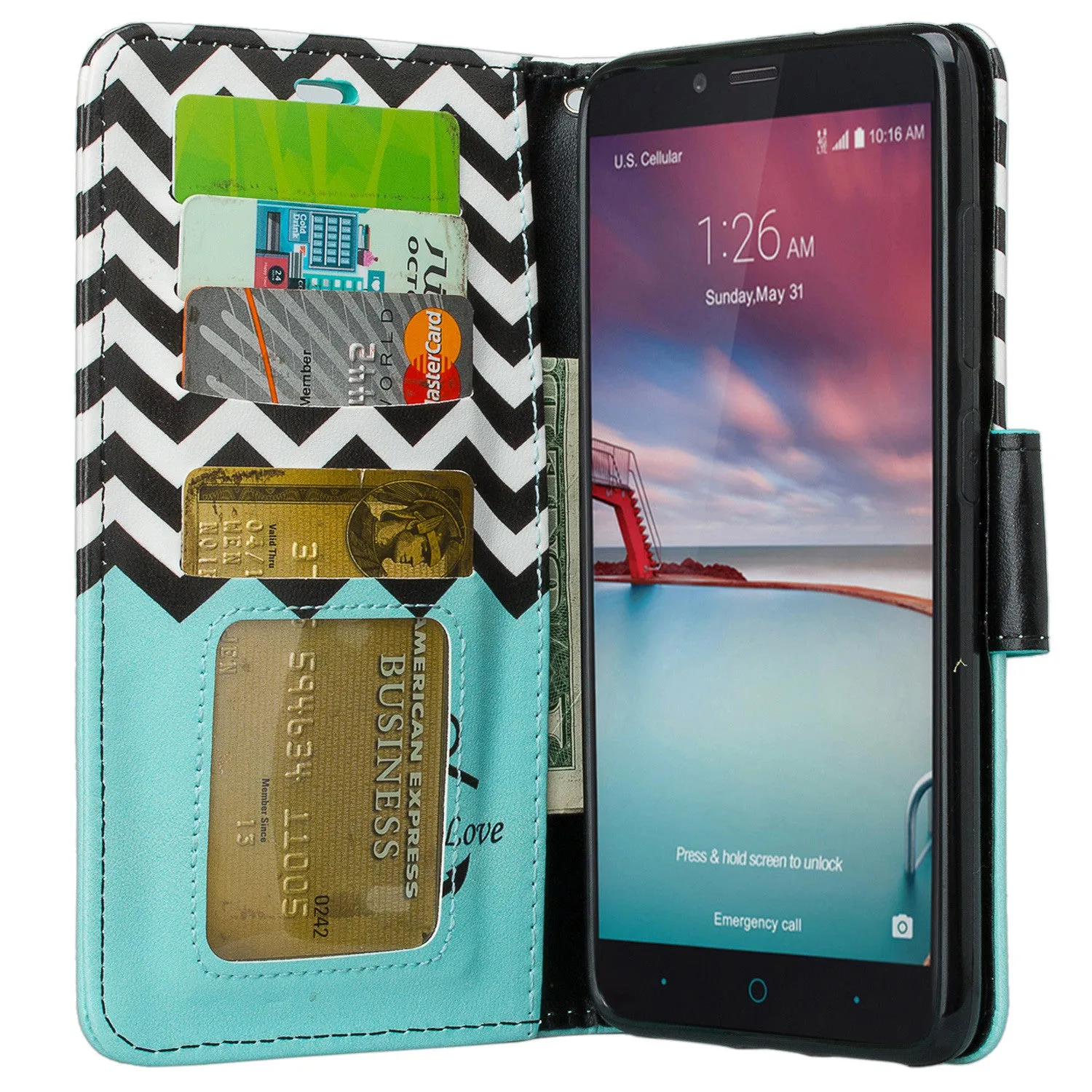 ZTE ZMAX Pro Case | Blade X Max | ZTE Carry | ZTE Grand X Max 2 Case | ZTE Imperial Max Case | Max Duo Wrist Strap Pu Leather Magnetic Fol[Kickstand] Wallet Case[ID & Card Slots] - Teal Anchor